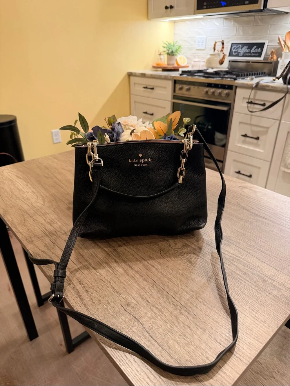 kate spade Black Leather Shoulder Bag with Pink Interior Accents & Gold Hardware